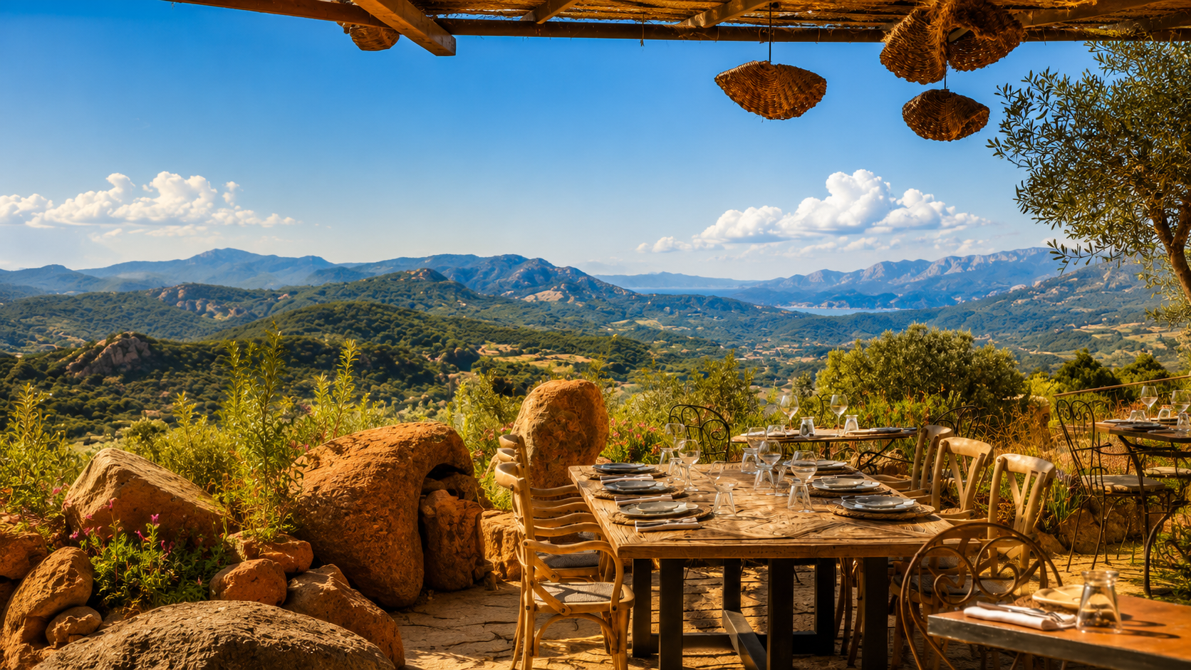 Table dressée en terrasse face aux montagnes, ciel bleu et soleil de Corse